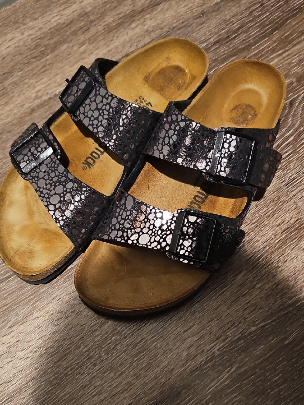 Birkenstock Metallic Black Patterned Double-Buckle Sandals